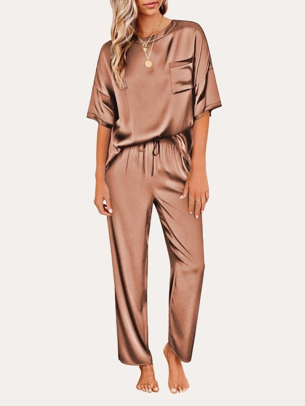 Satin Two-Piece Loungewear Set - Bronze